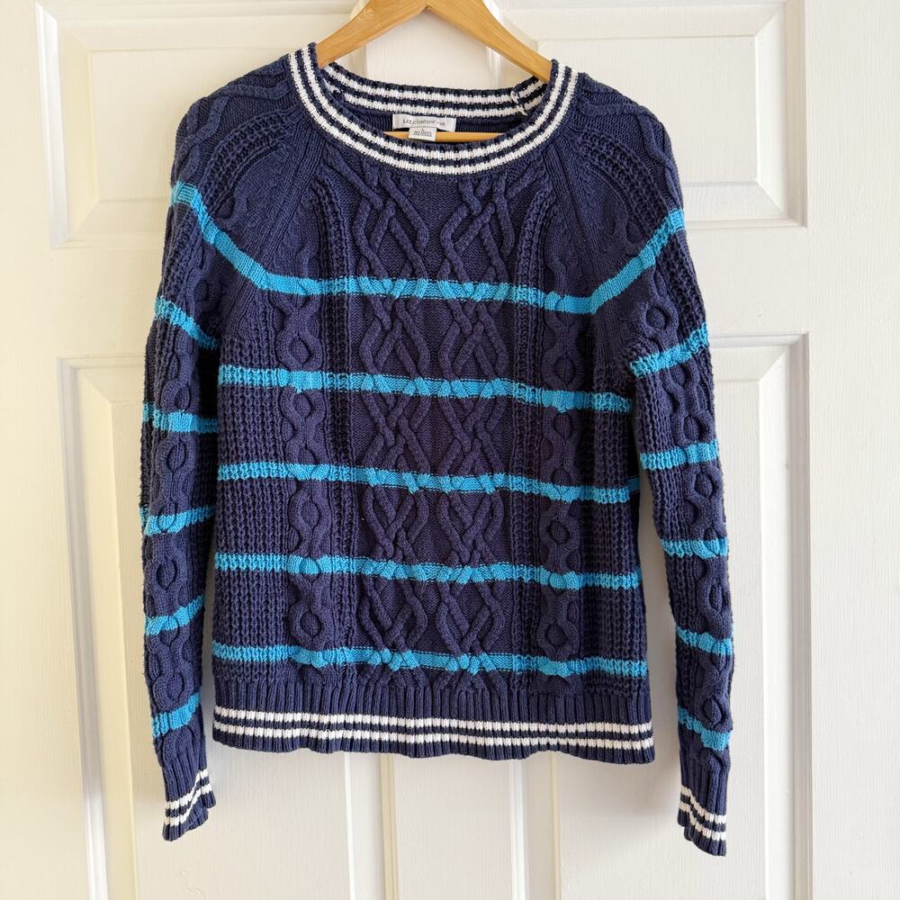 Vintage Liz Claiborne Striped Blue Cable Knit‎ Chunky Sweater Cotton Size Large